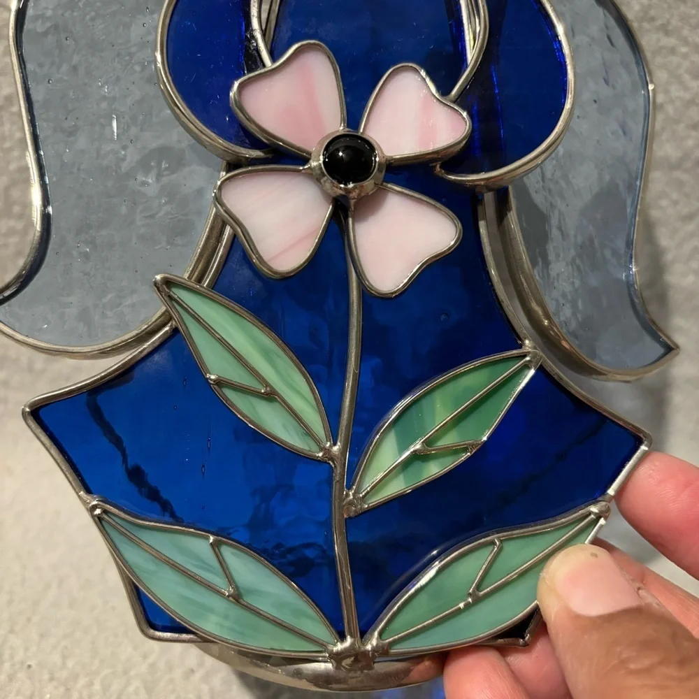 Vintage Heavenly Stained Glass Angel Tealight Candle Holder Blue with flower